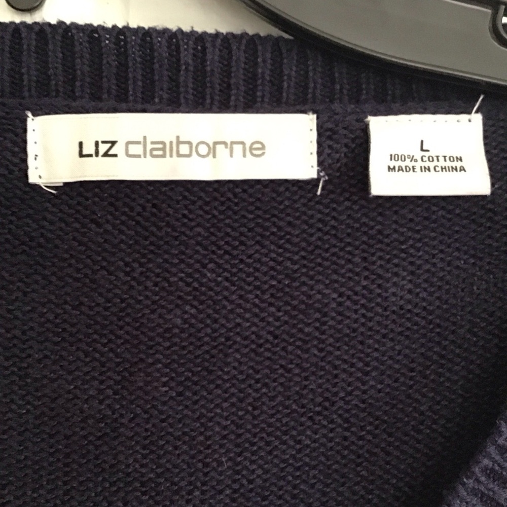 Liz Claiborne Long Sleeve Sweater V Neck Blue With Yellow Womens Large Pullover - Picture 2 of 10